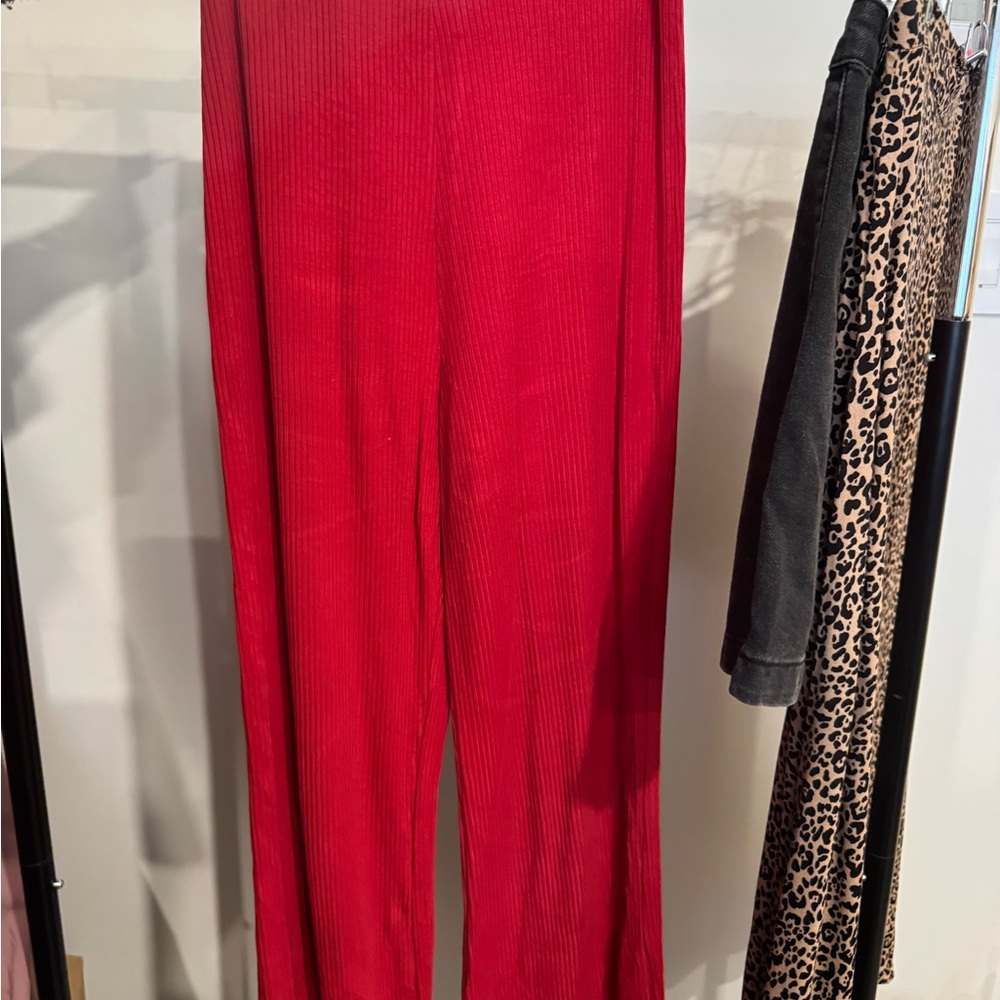 Reformation Red Ribbed Wide-Leg Pants